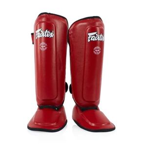 Protège-tibias Fairtex Muay Thai en cuir PU rouge pour adulte, légers, protection de base, cadre métallique, fermeture auto-agrippante - Product Image 4