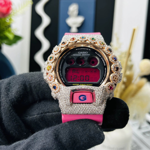 Iced Out VVS Moissanite <b>Watch</b> Round Shape Bezel Multi Color Diamond Digital <b>Watch</b> Pink <b>Rubber</b> Band <b>Watch</b> - Product Image 1