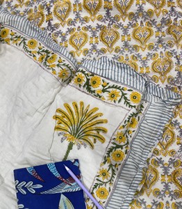 Block Print Palm Tree Bohemian Embroidered Cotton <b>Quilt</b> With Floral Pattern All-Season Home Decor Blanket - Product Image 3