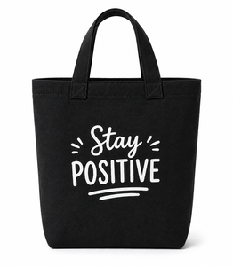 Bolsa de Lona de Algodón Negra AMANI de 10oz, 36x36x12cm, con Estampado 'Stay Positive', Base Reforzada, Asa de 22cm, para Viajes y Compras - Product Image 1