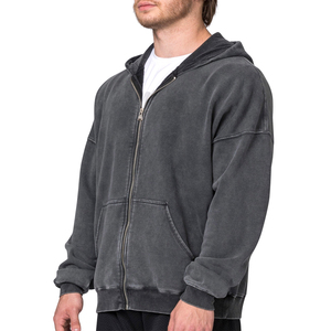 Custom Oversized Faded Distressed <b>Black</b> Heavy Out Old <b>Zip</b> <b>up</b> Pullover 100% Cotton Men Vintage Acid Mineral Stone Wash <b>Hoodie</b> - Product Image 4
