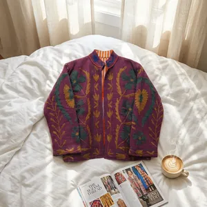 Chaqueta de Invierno para Mujer, Tejida con Diseño Floral Suzani, Cuello Alto, 100% Algodón, Transpirable y Resistente al Viento - Product Image 4