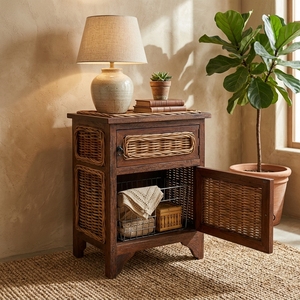 New Modern Minimalist Ambon Wooden Storage Cabinet Natural Rattan Wicker Drawer Door <b>Side</b> <b>Table</b> Storage Unit Living Room Bed - Product Image 5