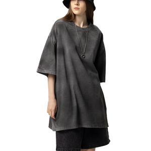 T-shirt vintage rétro pour femmes et jeunes filles, robe courte en jersey tendance, teinture inversée, effet délavé, épaules tombantes, printemps-été, modèle uni - Product Image 1