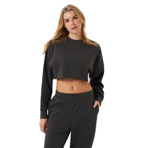 <b>Women's</b> <b>Black</b> Crew Neck Cropped Sweatshirt <b>Long</b> <b>Sleeve</b> Drop Shoulder Raw Hem Casual Pullover <b>Top</b> - Product Image 1