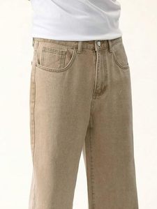 Jean Baggy Homme 100% Coton Denim Beige Coupe Large Taille Mi-Haute Uni Décontracté Écologique Vintage Quotidien - Product Image 5