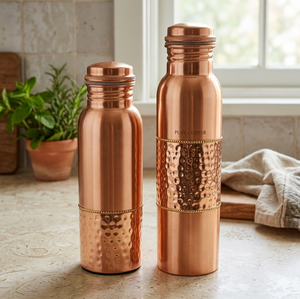 Juego de Botellas de Agua de Cobre Puro de Doble Acabado Premium - Diseño Artesanal Martillado y Liso, Frasco Ayurvédico - Product Image 5