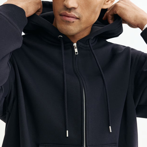 Custom Wholesale Autumn Winter <b>Black</b> Embroidered Solid Fleece 100% Cotton Pullover <b>Hoodies</b> Double Hood <b>Zipper</b> Drop Shoulder - Product Image 2