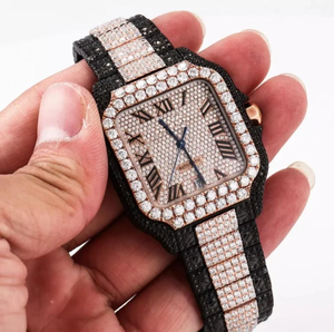 Reloj de Lujo con Incrustaciones de Moissanita VVS, Automático, con Diamantes Blancos y Negros, Detalles en Oro Rosa, Esfera Cuadrada, Números Romanos, Joyería Hip Hop - Product Image 6
