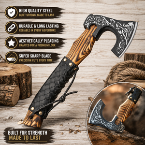 Hacha Vikinga con Cabeza de Acero al Carbono Grabada de Timber Steel Enterprises, Hoja de 3 5/8 Pulgadas, Mango de Madera Envuelto en Cuero - Product Image 4