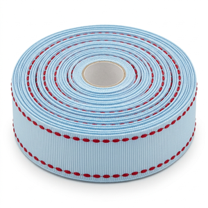Cinta de grogrén de 25 mm, 100% poliéster, azul polvo con borde rojo cosido, suministro a granel de fábrica OEM, accesorios para bebés, lazos para el pelo, envoltura de regalos - Product Image 1