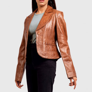 Chaqueta bomber corta de cuero genuino marrón con cuello vuelto elegante para mujer, personalizable, a la venta a precio de mayoreo. - Product Image 5