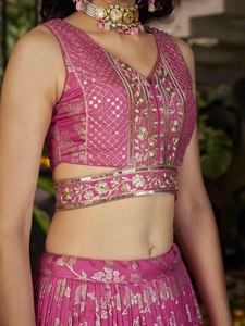 <b>Pink</b> Silk Jacquard Lehenga Choli Set Zari Embroidered Dupatta Floral Party <b>Wedding</b> <b>Dress</b> for Women - Product Image 4