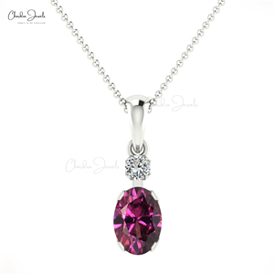 Pendentif artisanal en or massif 14 carats avec grenat rhodolite naturel 7x5mm et accent de diamant, vente en gros, collier personnalisable - Product Image 2