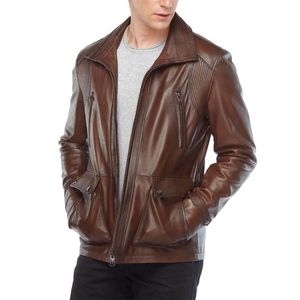 <b>Men's</b> Genuine <b>Leather</b> <b>Jacket</b> Stand Collar Moto Style Brown Four Pockets Zipper Closure Regular Fit Autumn Wear - Product Image 3