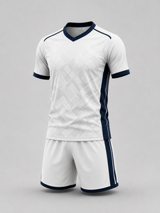 Ensemble d'uniformes de football personnalisés pour hommes, blanc et bleu marine, col en V, manches courtes, polyester respirant, logo personnalisé de haute qualité, élastique - Product Image 2
