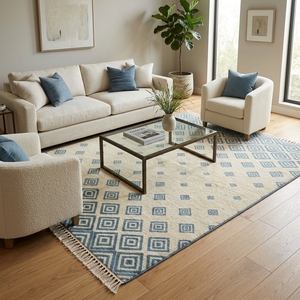 Alfombra de Lana Tejida a Mano con Patrón de Diamantes, Alfombra Geométrica Azul Marfil, Alfombra Estilo Boho Farmhouse con Borlas, Tamaño Personalizado - Product Image 3