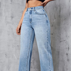 High Waist Straight Leg Denim <b>Jeans</b> Women Full Length Stonewashed Cotton Casual Loose Fit <b>Button</b> Front Solid Color Spring Style - Product Image 3