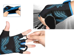 Gants de cyclisme mi-doigts antidérapants noirs et bleus avec design aile, en polyester, fermeture auto-agrippante, unisexe, pour l'extérieur, usage estival - Product Image 6