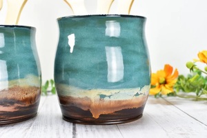 Handcrafted Ceramic Utensil Holder Reactive Glaze Coastal Blue Finish Kiln <b>Fired</b> Thick Wall Durable Kitchen Counter Organizer - Product Image 2