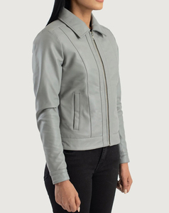 Blouson Bomber Femme Haute Performance en Cuir PU Gris, Manches Longues, Col Rabattu, Fermeture Éclair, Style Automne, Prix Bas - Product Image 4