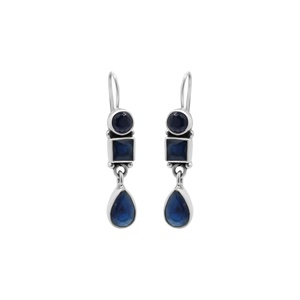 925 Sterling Silver <b>Blue</b> <b>Sapphire</b> Geometric Three Stone Bezel Drop <b>Earrings</b> Memoria Jewels - Product Image 1