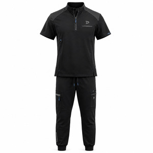 Men's Black Polyester <b>Scrub</b> <b>Set</b> With Zip Neck Top And Cargo Pants For Hospital Use - Product Image 1