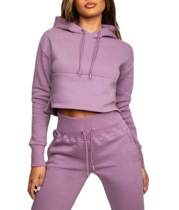 New Design <b>Women</b> Purple Solid Color Hooded Crop Top and Drawstring Jogger Pants <b>Tracksuit</b> Set Hot Selling Modern Track Set - Product Image 4