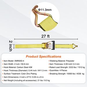 Set Premium di 4 Cinghie a Cricchetto con Resistenza di Rottura di 4500 kg, Doppio Gancio a J e Imbottitura da 5 cm x 68 cm - Product Image 3