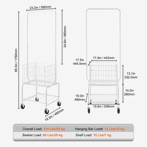 Carrello Portabiancheria Regolabile in Metallo con Appendiabiti e Cesto Portaoggetti per Carichi Pesanti - Product Image 3