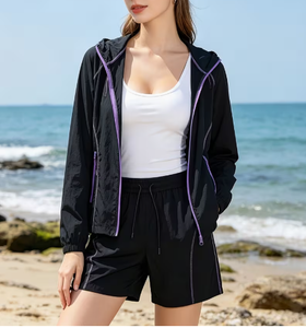 Ensemble 2 pièces à capuche et manches longues, short uni en polyester respirant à séchage rapide, coupe ample, sportif, été, unisexe, tricoté pour femme - Product Image 2
