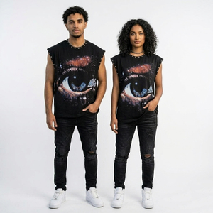 Débardeur en coton épais personnalisé avec motif œil cosmique clouté, délavé vintage, épaules tombantes, sans manches, style streetwear - Product Image 5