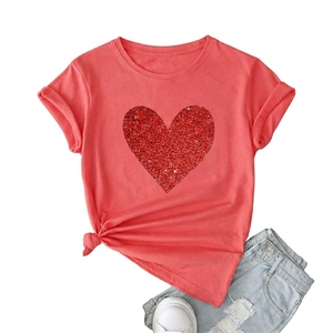 Women's <b>Red</b> Short Sleeve T-Shirt With <b>Glitter</b> Heart Print Casual Loose Fit Crew Neck Spring Summer Cotton T-Shirt Top - Product Image 5