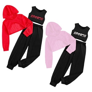 Ensemble de survêtement pour filles de 8 à 12 ans, sweat à capuche court avec débardeur et pantalon de survêtement, idéal pour les sports décontractés en plein air, les entraînements et la course à pied - Product Image 1