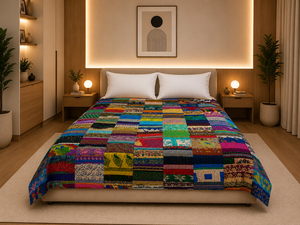 Couette bohème réversible en patchwork, brodée Kantha vintage, 100% coton, garnie de soie, faite à la main, écologique, lavable, toutes saisons - Product Image 3