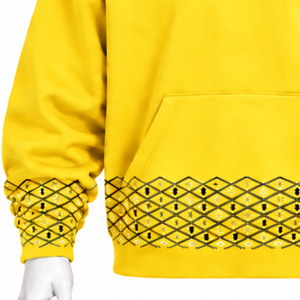 <b>Mens</b> Bright <b>Yellow</b> Embroidered Border <b>Hoodie</b> Pullover Heavyweight Fleece Sweatshirt Decorative Cuffs Casual Streetwear Top - Product Image 6
