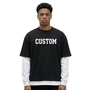 Custom Oversized Long Sleeve <b>T</b>-<b>Shirt</b> Black <b>White</b> Contrast Crew <b>Neck</b> Unisex Casual Knitted 100 Cotton Full Print Letter Logo - Product Image 4