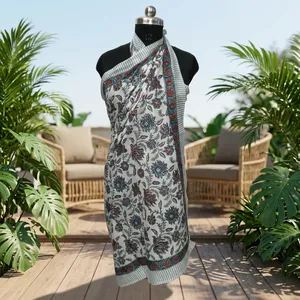 Pareo de algodón estampado a mano con motivos florales, pañuelo de playa, dupatta, ligero, para verano, para mujer, uso diario informal. - Product Image 5