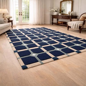 Alfombra de Lujo con Bucle Completo, Alfombra Geométrica Azul, Alfombra de Lana Suave, Alfombra de Diseño Hecha a Mano para Sala de Estar, Dormitorio, Decoración Contemporánea - Product Image 3