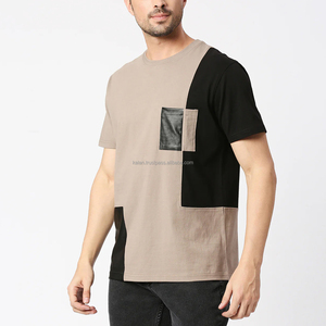 Men's Beige Black Color Blocked Short Sleeve O-Neck Cotton T-<b>Shirt</b> Cartoon Pattern <b>Patchwork</b> Design Oversized Fit Street Style - Product Image 2