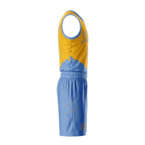 Conjunto de Uniforme de Baloncesto Personalizado Amarillo y Azul Sublimado con Nombre del Equipo 00 Sin Mangas Malla Transpirable Unisex Uniforme de Baloncesto Sublimado - Product Image 6
