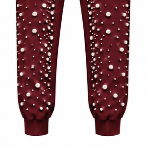Maroon Pearl Beaded Jogger Pants <b>Women</b> Fashion Embellished Drawstring Sweatpants Luxury Casual Streetwear <b>Fleece</b> <b>Trousers</b> Custom - Product Image 6
