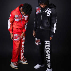 Vintage Washed Unisex Oversized Tracksuit Set Thick Cotton Mens Custom Logo Printed Rhinestone Hoodie & Sweatpants - Product Image 4