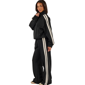 <b>Women</b> Full Zip Hooded Tracksuit Set Contrast Piping Jacket Wide Leg Trousers Casual Streetwear Two Piece <b>Lounge</b> Outfit Essential - Product Image 4
