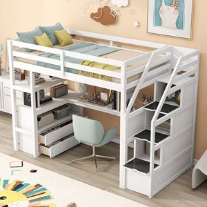 Letto a soppalco bianco singolo con scrivania e scaffali, due cassetti integrati e scala contenitore per bambini - Product Image 3