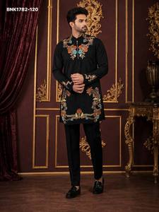 Latest Designer Fancy with Viscose Multi-Thread work & Half-Placket Chain Short Black <b>Kurta</b>-Pant Set Supplier from Surat - Product Image 2