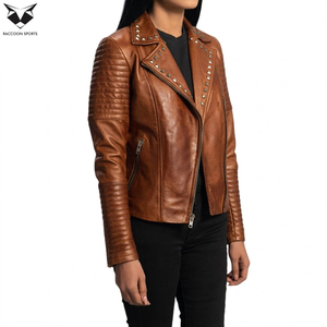 Custom Women's Vintage Ribbed Sleeves Slim Fit Design Distressed Brown Handmade Studded <b>Sheep</b> <b>Skin</b> Lightweight <b>Jackets</b> Wholesale - Product Image 2