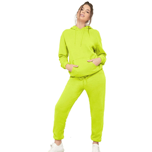 Conjunto Deportivo con Capucha para Mujer, Talla Grande, Color Verde Lima, Sudadera Larga Informal de Color Sólido y Pantalones a Juego con Bolsillos Laterales - Product Image 1