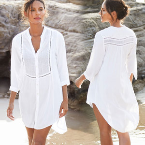 Comfortable Simple Woven <b>White</b> Rayon V-Neck Button Down Women's Casual Shirt Dress 3-Piece <b>Set</b> Beach Cover-Up Swim Dress - Product Image 1