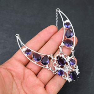 Customized Handmade Amethyst Lab Created Pear Freshwater Pearl Sterling Silver 18 Inch Luxury Women Wedding Gift Necklace - Product Image 1